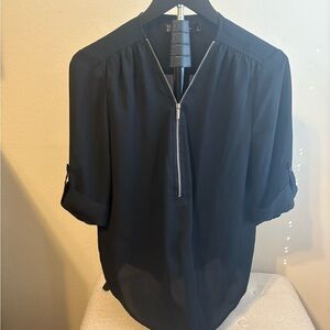 New York & Company Black V-Neck Zip Top